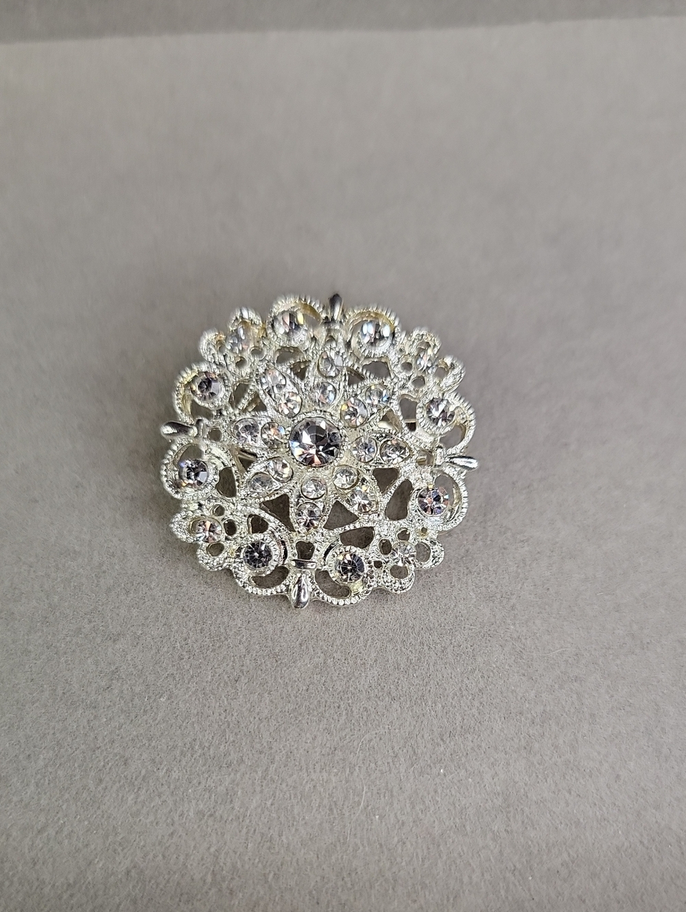 Silver Tone Crystal Filigree Brooch